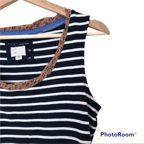 Postmark Anthropologie Navy Blue Stripes Sleeveless Top | Sheer Trim - Picture 2 of 11